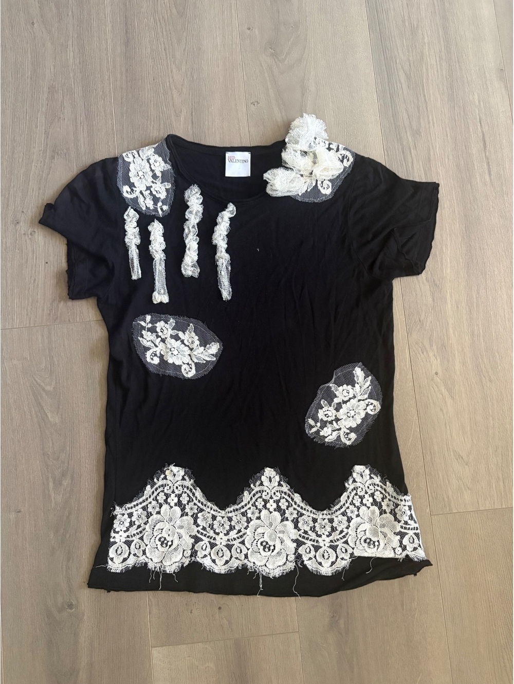 Red Valentino Black Modal Blend T-Shirt with White Lace Appliqué